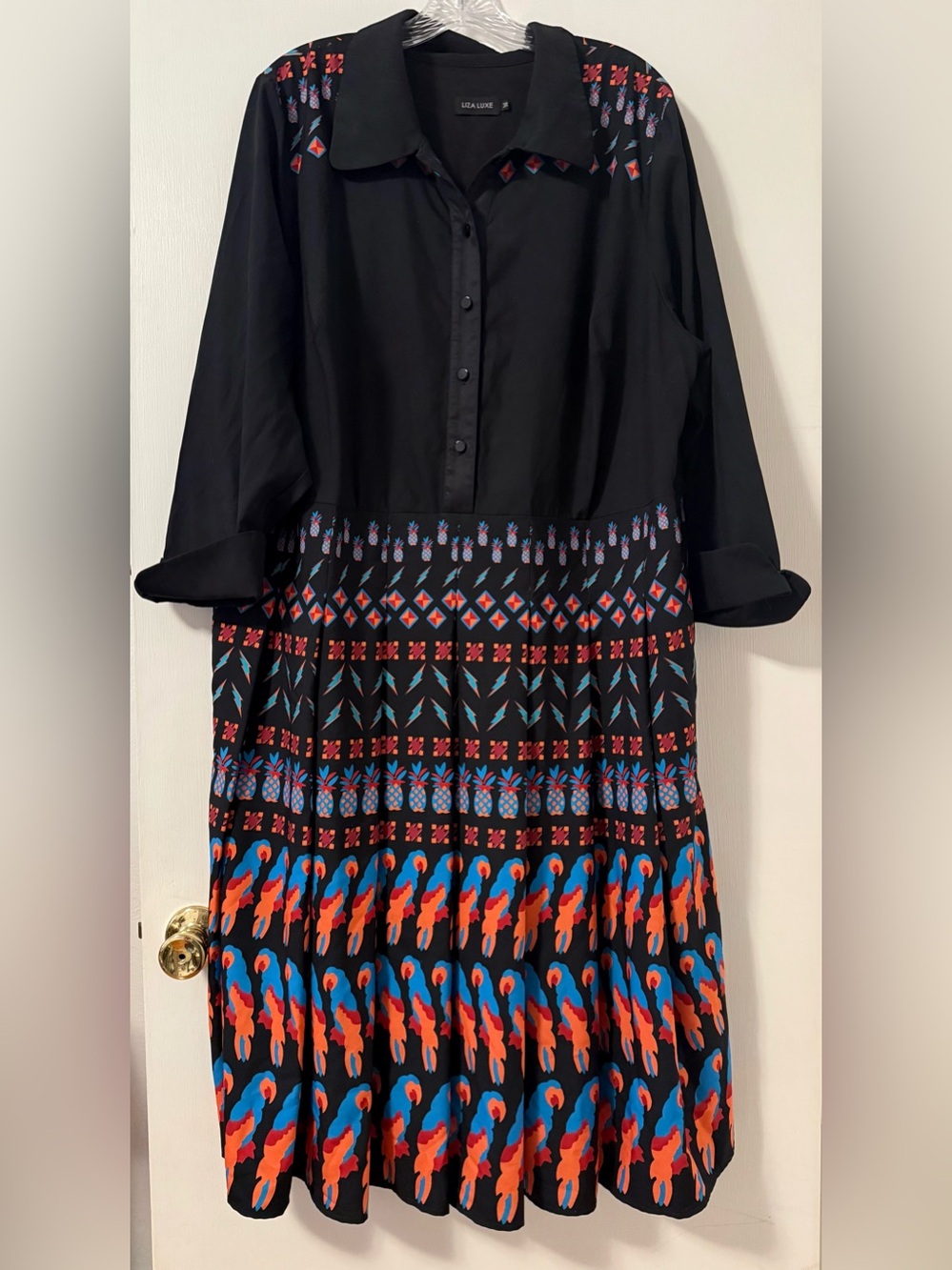 Liza Luxe ModCloth 3X Plus Black Parrot Pineapple Midi Dress Blue Red Orange